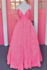 Sparkly Long Hot Pink Glitter Prom Dress A-Line V Neck Straps Formal Dresses MyChicDress