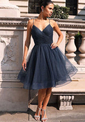 Sparkly Navy Blue Homecoming Dresses Knee Length V Neck Party Gowns MyChicDress