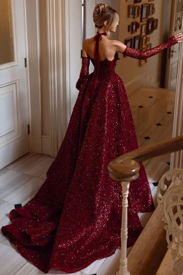 Sparkly Princess Burgundy Sequin Prom Dresses Strapless with High Slit