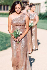 Vestido de dama de honor con lentejuelas largas y un hombro brillante, vestido de invitados de boda en oro rosa