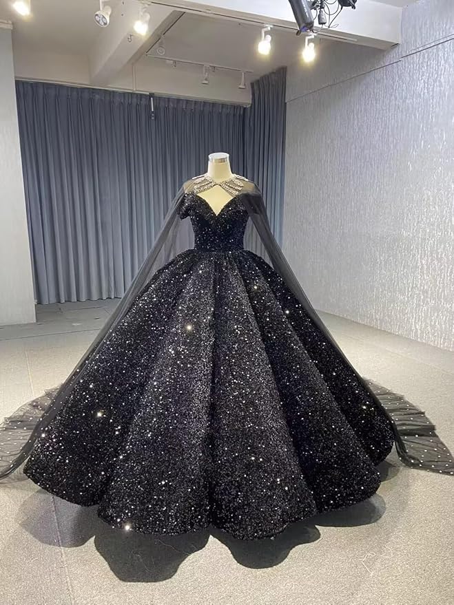 Sparkly Sequin Black Wedding Dress with Cape Off Shoulder Puffy Ball Gowns - MyChicDress