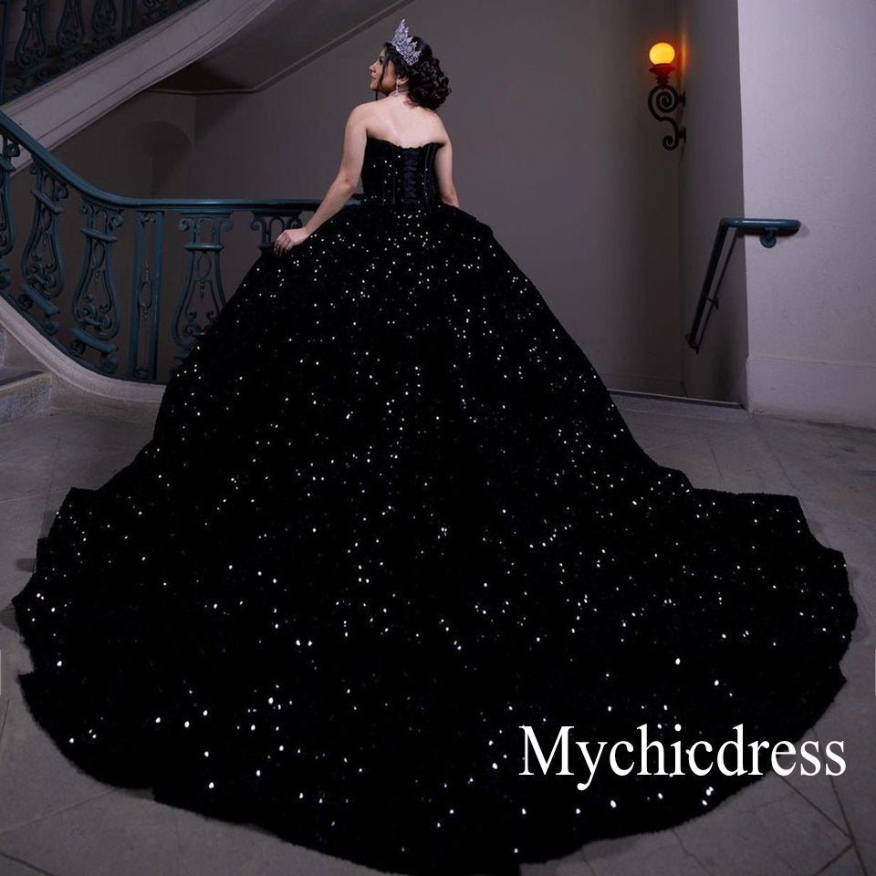 Sparkly Sequined Black Quinceanera Dresses Ball Gown Vestidos De 15 Años - MyChicDress