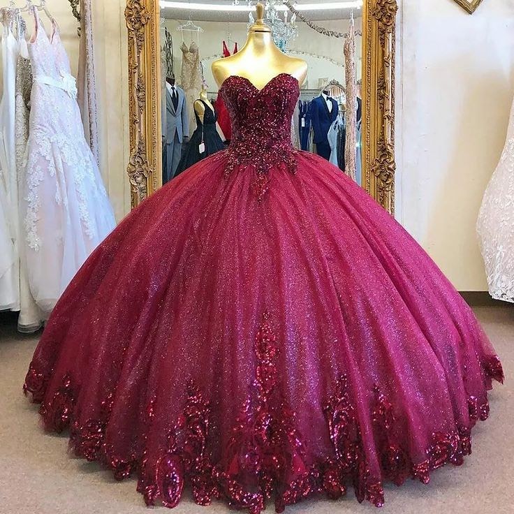 Sparkly Glitter Burgundy Sweet 16 Quinceanera Dresses Ball Gowns