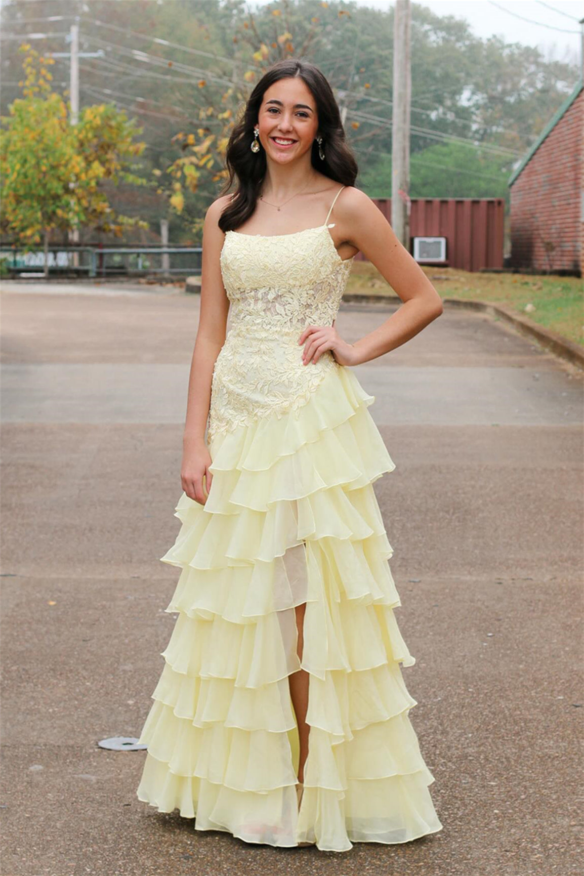 Square Neck Lace Tiered Long Prom Dress Yellow Ruffles Appliques Mychicdress