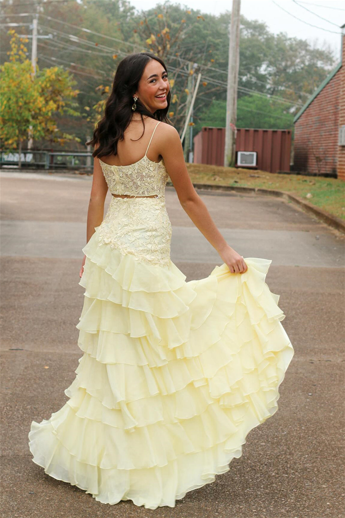 Square Neck Lace Tiered Long Prom Dress Yellow Ruffles Appliques Mychicdress