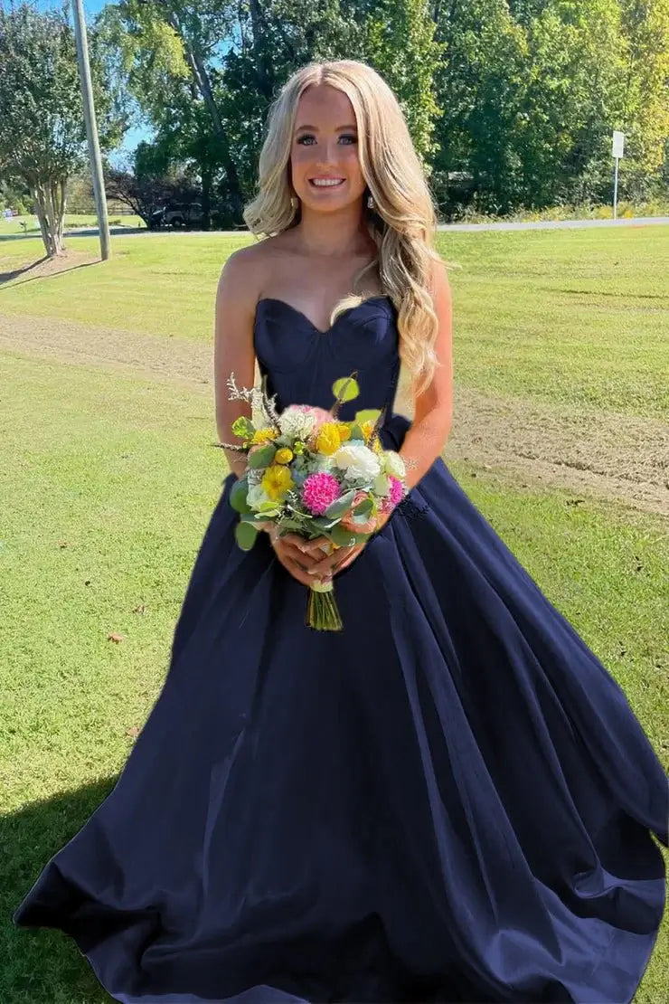 Ball Gown Navy blue Strapless Satin Prom Dresses Corset Sweetheart