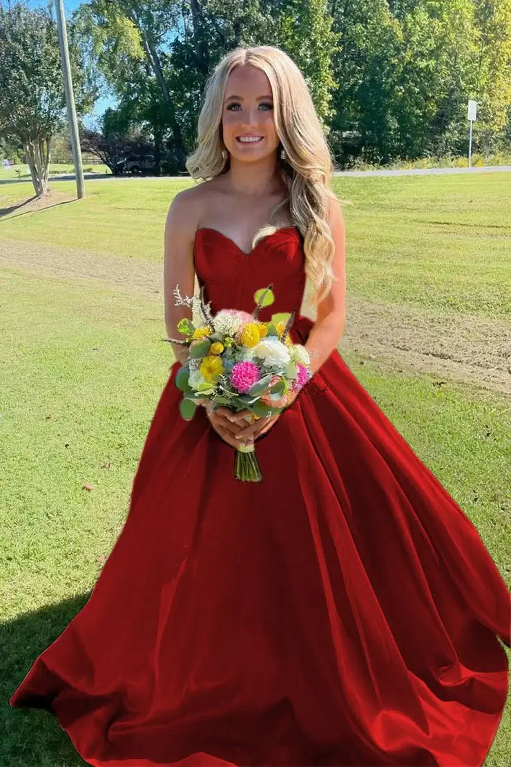 Ball Gown Strapless Satin Red Prom Dresses Corset Sweetheart