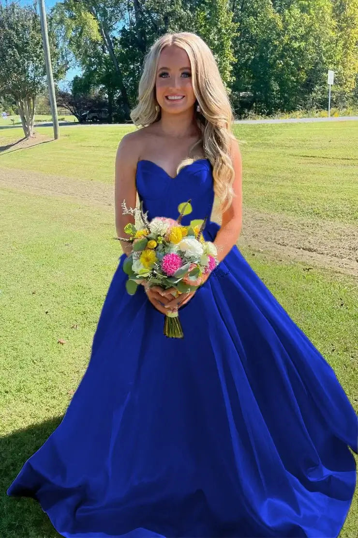 Ball Gown Royal blue Strapless Satin Prom Dresses Corset Sweetheart
