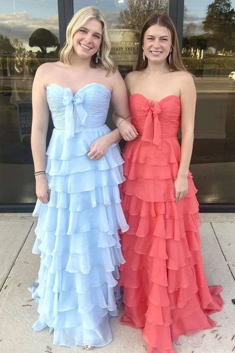 Strapless Chiffon 2025 Tiered Ruffle Prom Dress Pink Keyhole