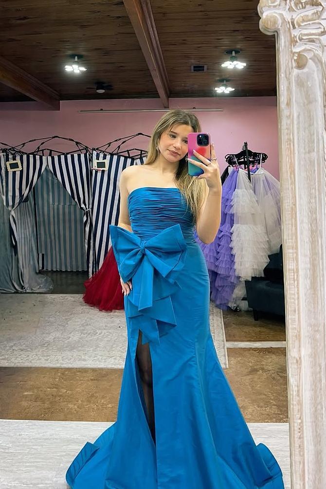 Vestido formal rojo sin tirantes plisado, vestido de fiesta de satén estilo sirena con lazo grande