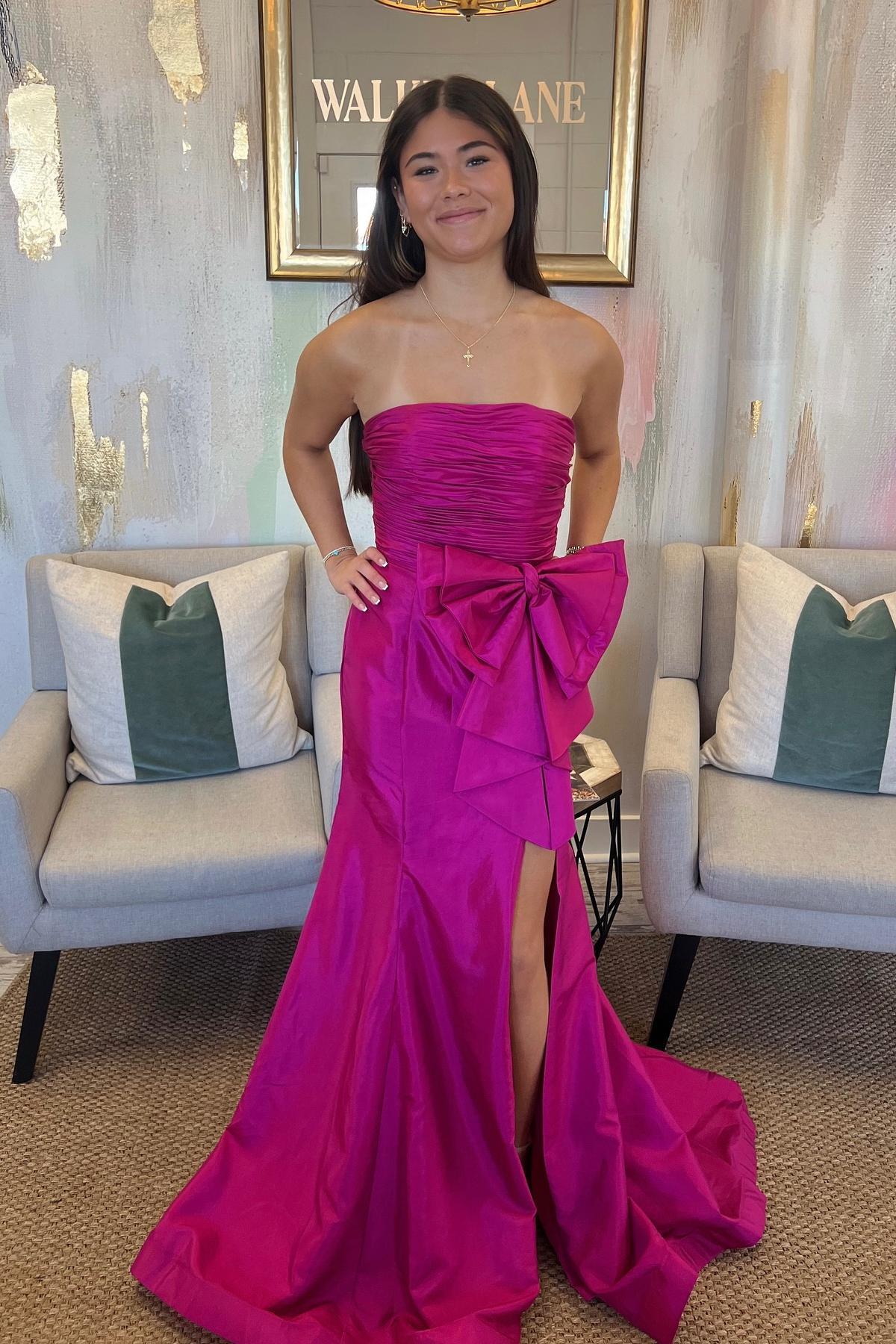 Vestido formal rojo sin tirantes plisado, vestido de fiesta de satén estilo sirena con lazo grande