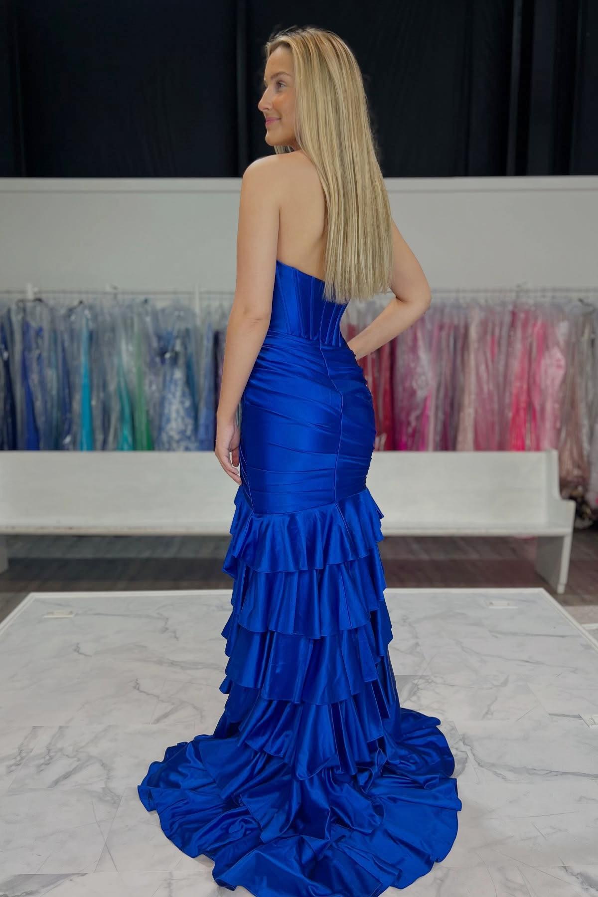 strapless formal dress royal blue tiered