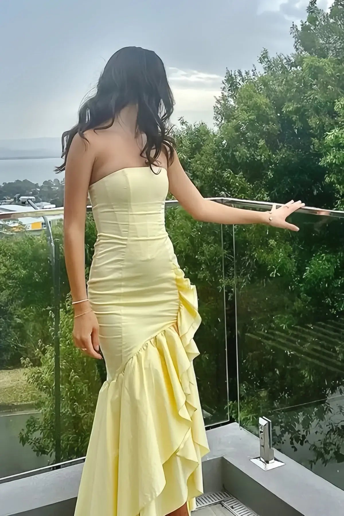 Strapless yellow Prom Dress Asymmetrical Layered with Slit 