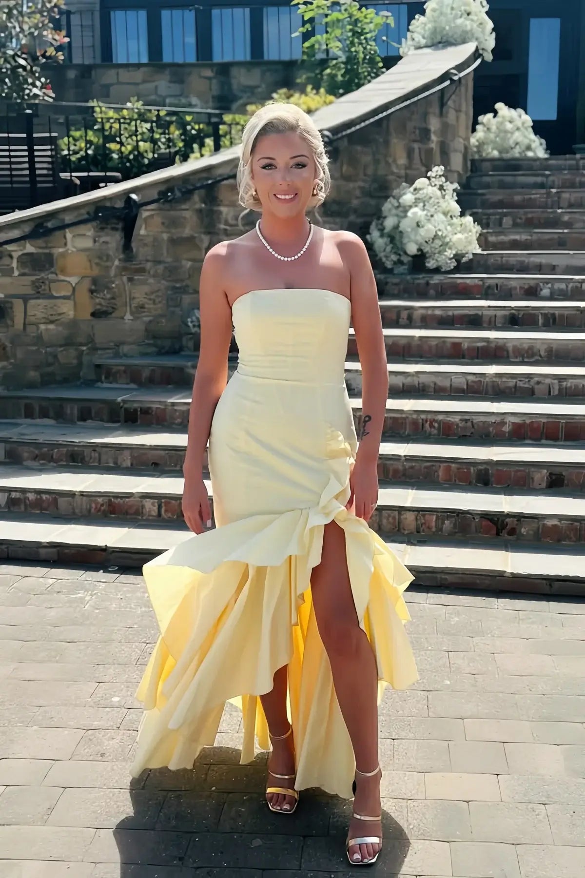 Strapless yellow Prom Dress Asymmetrical Layered with Slit 