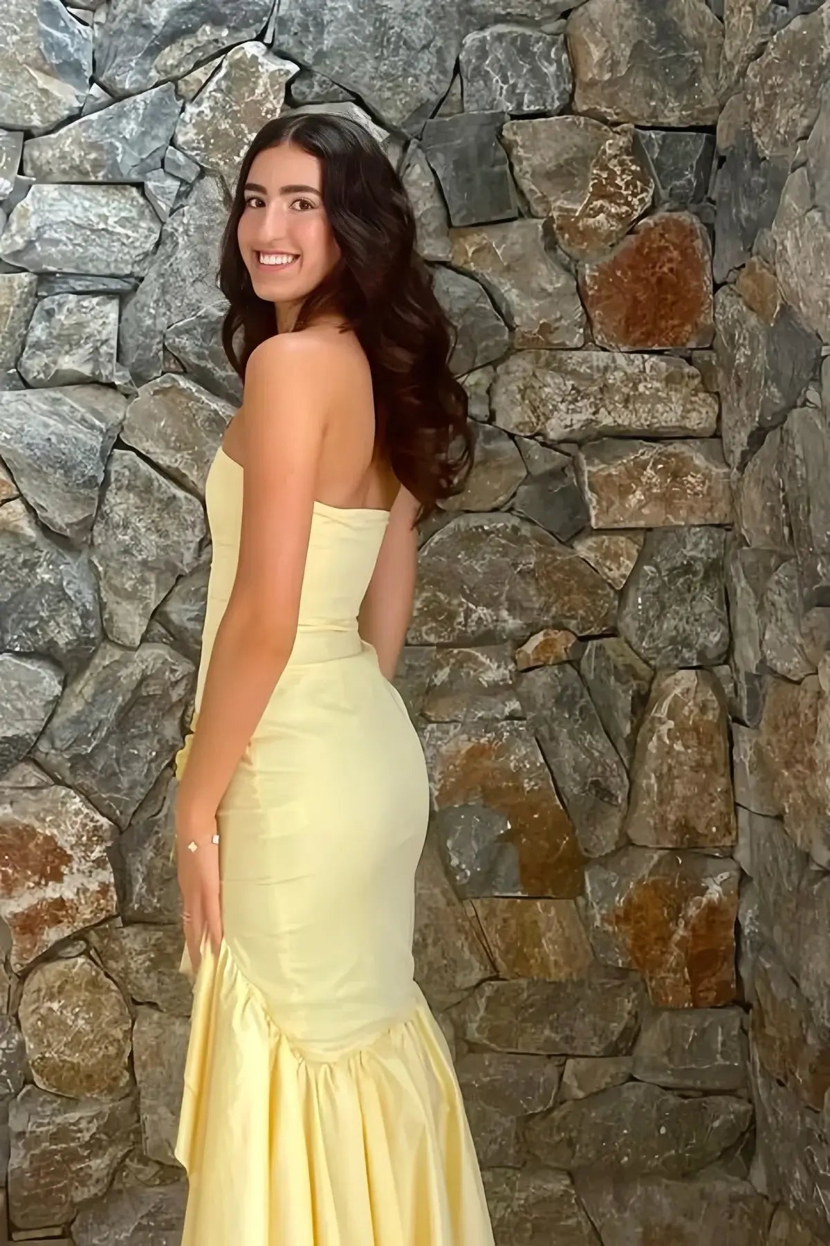 Strapless yellow Prom Dress Asymmetrical Layered with Slit 