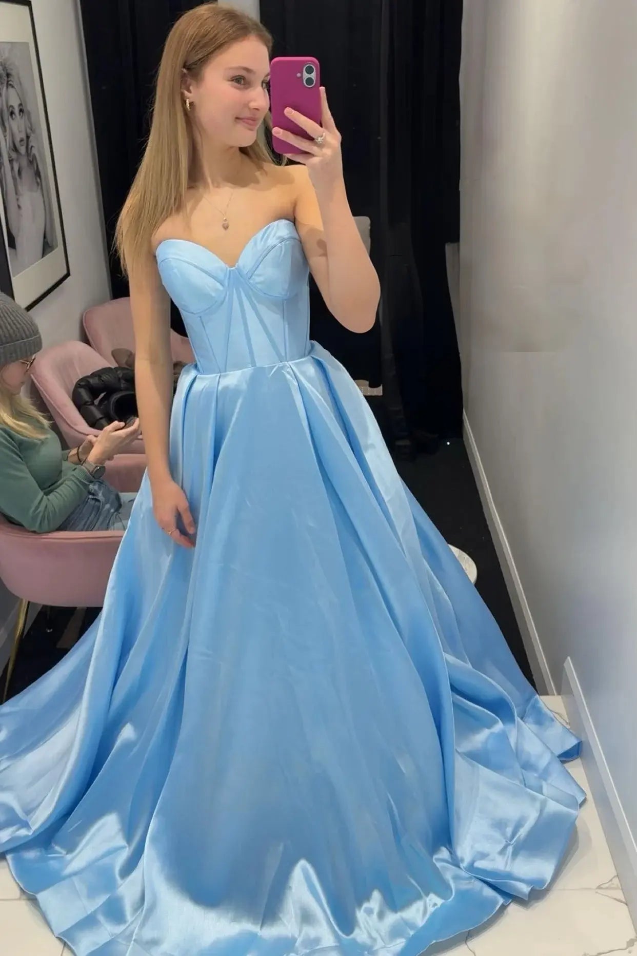 Strapless Blue Ball Gown Satin Prom Dresses Corset Sweetheart