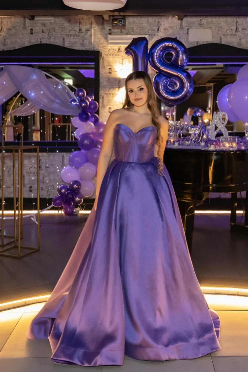 Strapless Purple Ball Gown Satin Prom Dresses Corset Sweetheart