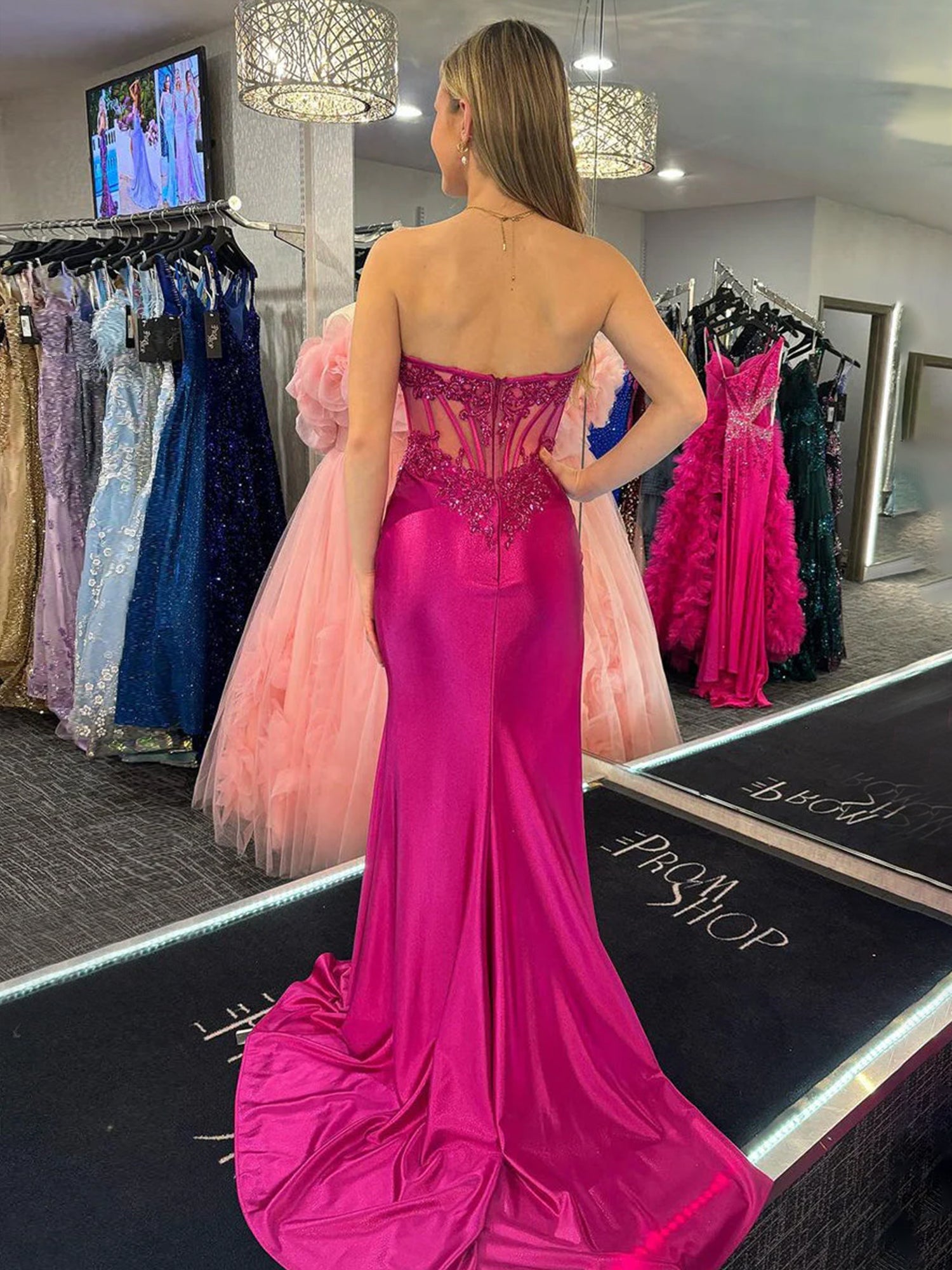  Satin Strapless Fuchsia Prom Dresses Mermaid Long Gown with Slit