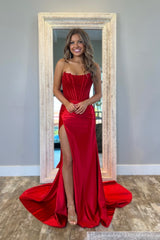 Strapless Red Lace Prom Dresses Satin Mermaid Evening Gown UK - Mychicdress