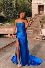 Strapless Lace blue Prom Dresses Satin Mermaid Evening Gown UK - Mychicdress