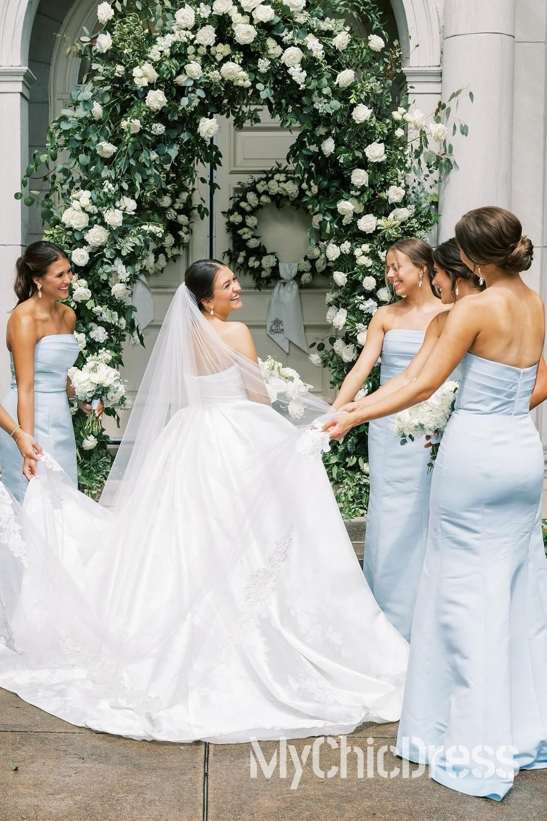 Vestido de dama de honor azul claro sin tirantes, vestido de fiesta largo fruncido