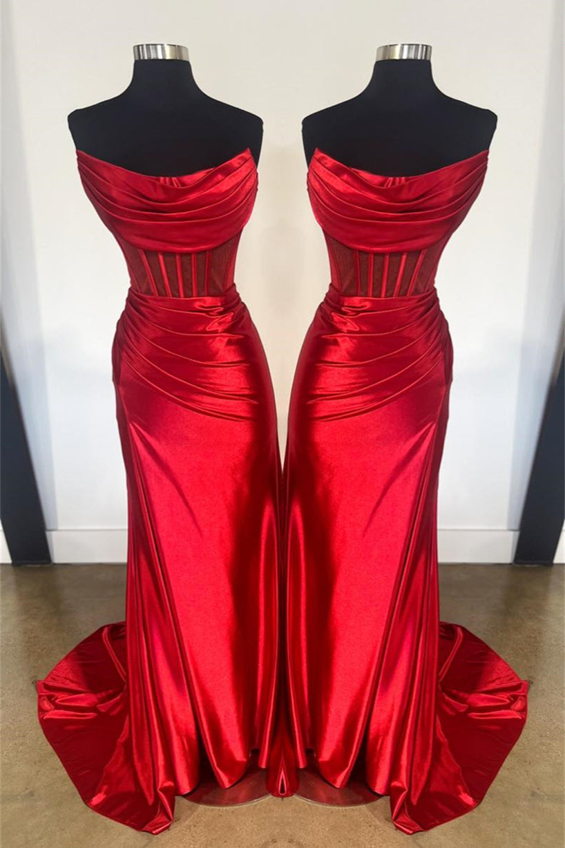 Strapless Mermaid red satin Prom Dress Cowl Neck mychicdress
