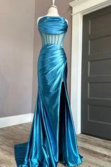 Strapless Mermaid satin Prom Dress blue Cowl Neck mychicdress