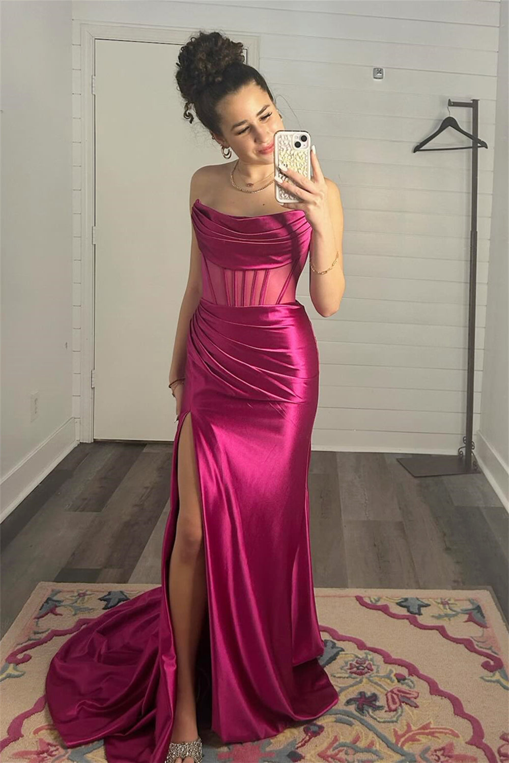 Vestido de fiesta formal de sirena sin tirantes, color negro, cuello vuelto 2025