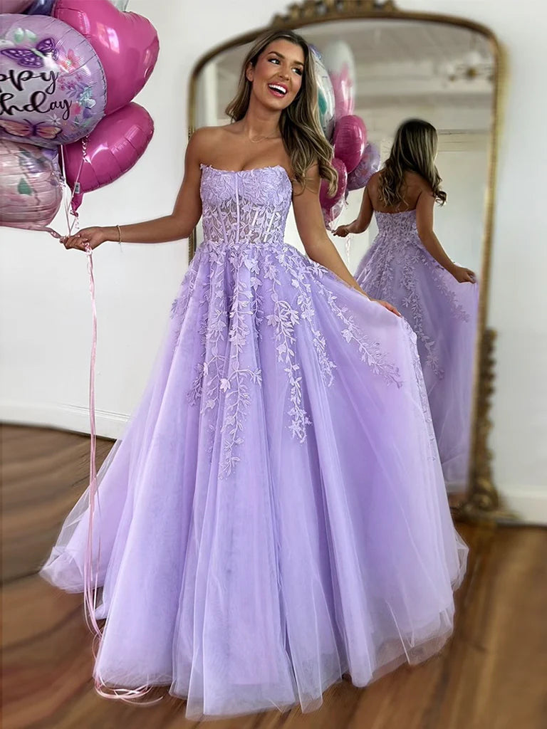 Ball Gown Strapless Purple Violet Prom Dress Lace Long Formal Gown - MyChicDress