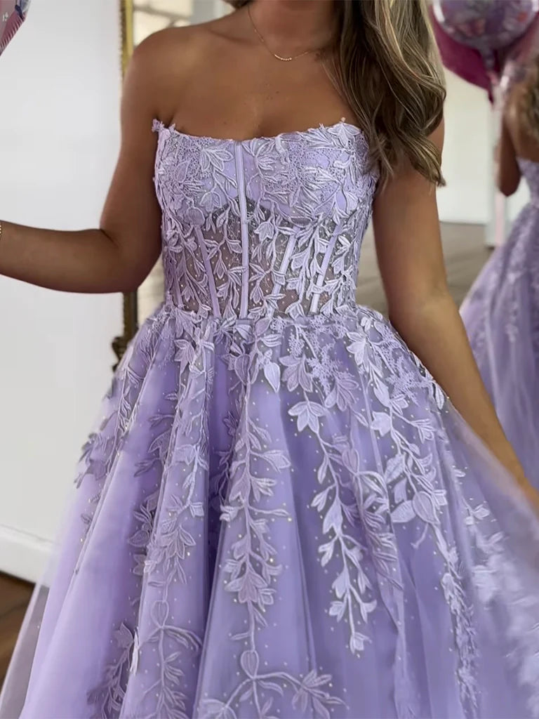 Ball Gown Strapless Purple Violet Prom Dress Lace Long Formal Gown - MyChicDress