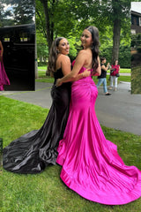 Strapless Satin Long fuchsia prom Dress Sleeveless Mermaid with Slit - Mychicdress