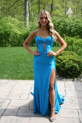 Strapless Satin Blue Long Formal Dress Sleeveless Mermaid with Slit - Mychicdress