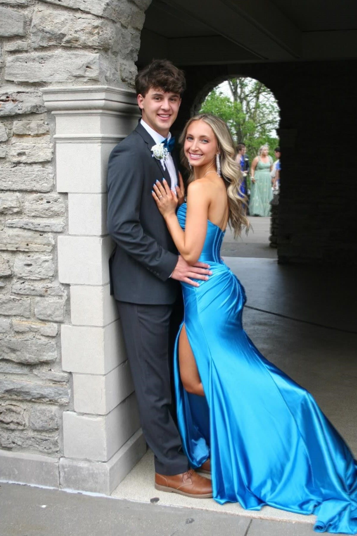 Strapless Satin Blue Long prom Dress Sleeveless Mermaid with Slit - Mychicdress