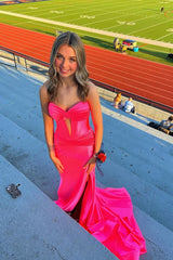 Strapless Satin Long fuchsia prom Dress Sleeveless Mermaid with Slit - Mychicdress