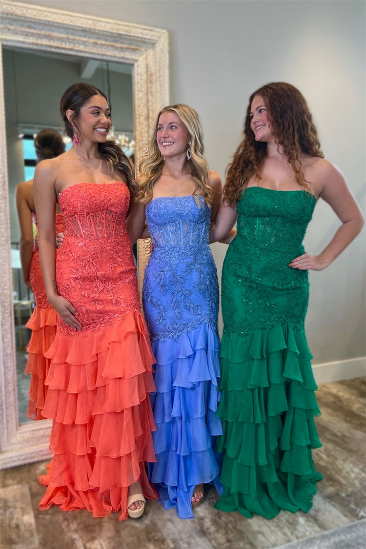 Vestido de fiesta largo de gasa con apliques y escote en V sin tirantes en color menta