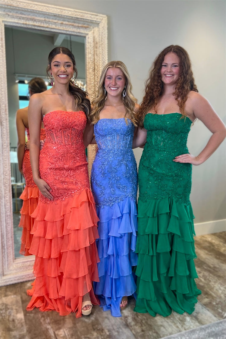 Vestido de fiesta largo de gasa con apliques y escote en V sin tirantes en color menta