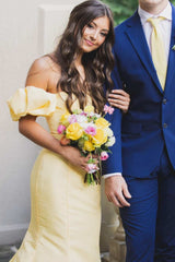 Vestido de fiesta de satén amarillo sin tirantes, estilo sirena, plisado, ropa formal