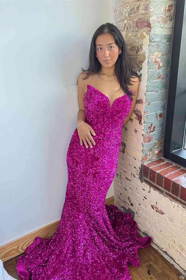 Strapless fuchsia Evening Dress Velvet Sequins Long Party Dresses