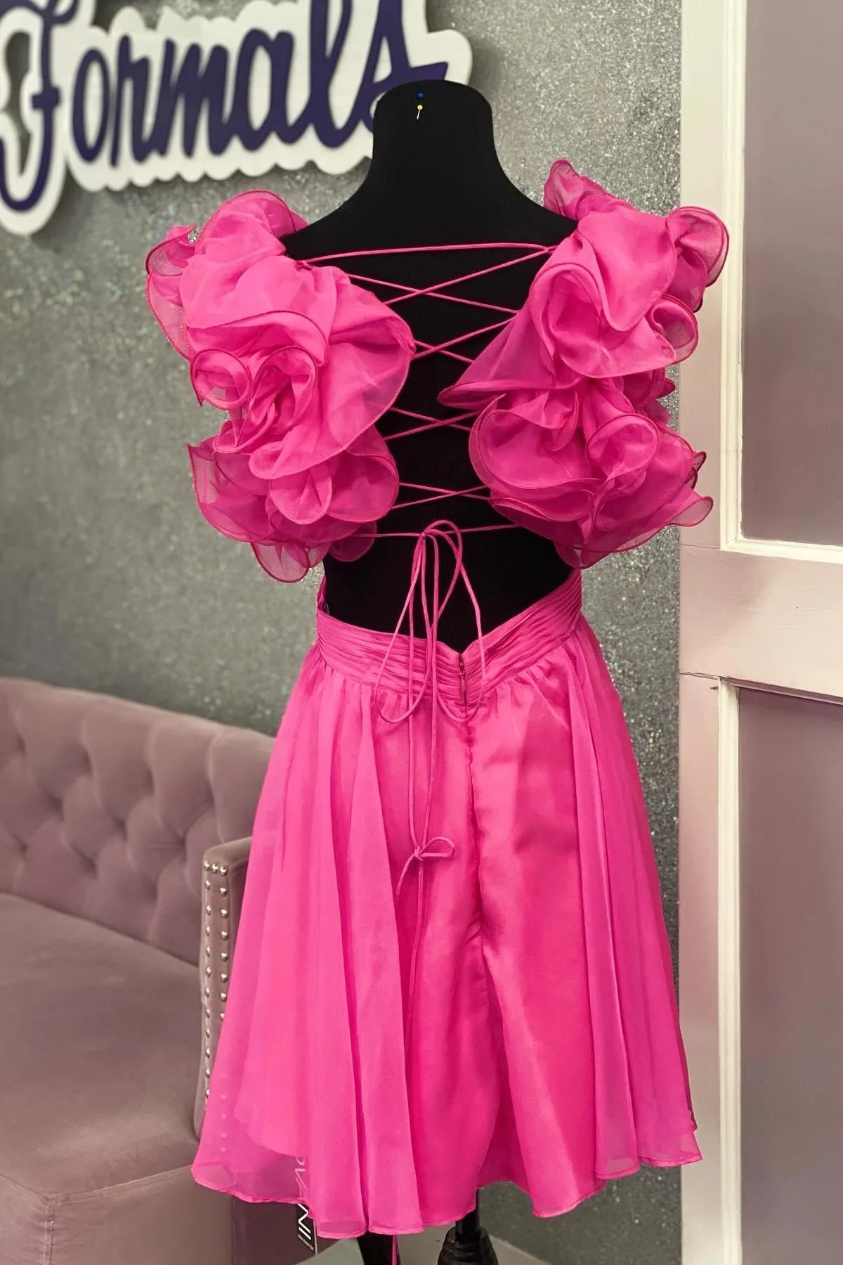 Straps Short Homecoming Dress fuchsia Pleated Ruffles