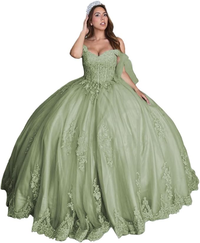 Sweet 16 Dress Mint Lace Quinceanera Dresses Off the Shoulder Ball Gown - MyChicDress