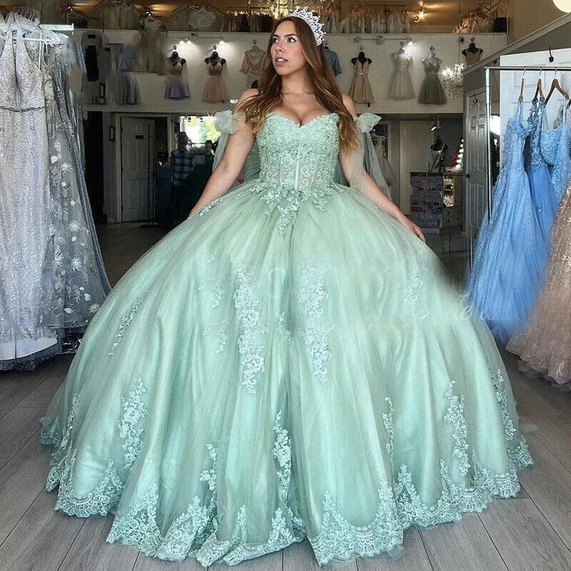 Sweet 16 Dress Mint Lace Quinceanera Dresses Off the Shoulder Ball Gown - MyChicDress
