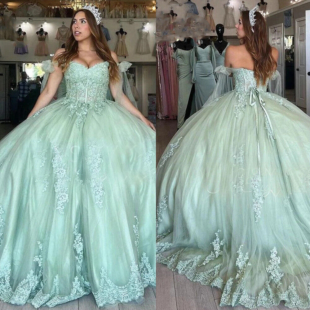 Sweet 16 Dress Mint Lace Quinceanera Dresses Off the Shoulder Ball Gown - MyChicDress