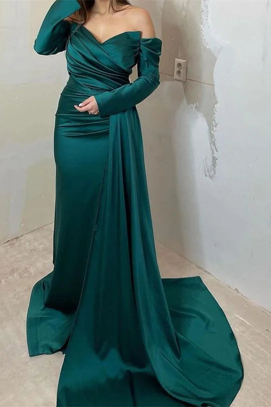 Sweetheart Emerald Green Evening Dress UK Off-The-Shoulder Long Sleeves Prom Dress MyChicDress