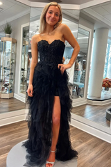 Sweetheart Black Strapless Prom Dresses Ruffles Tulle High Slit