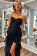 Sweetheart Black Strapless Prom Dresses Ruffles Tulle High Slit