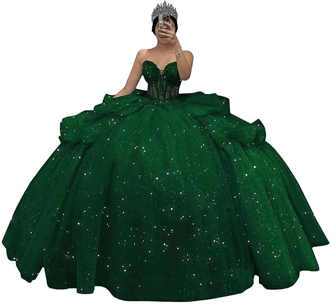 Tiered Corset emerald Green Quinceanera Dresses Off Shoulder Lace-Up Mychicdress