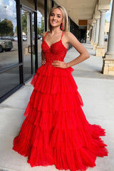 Tiered A Line Red Prom Dress Tulle Sweetheart with Appliques mychicdress