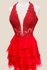  Tiered Ruffle Short red Homecoming Dress Lace