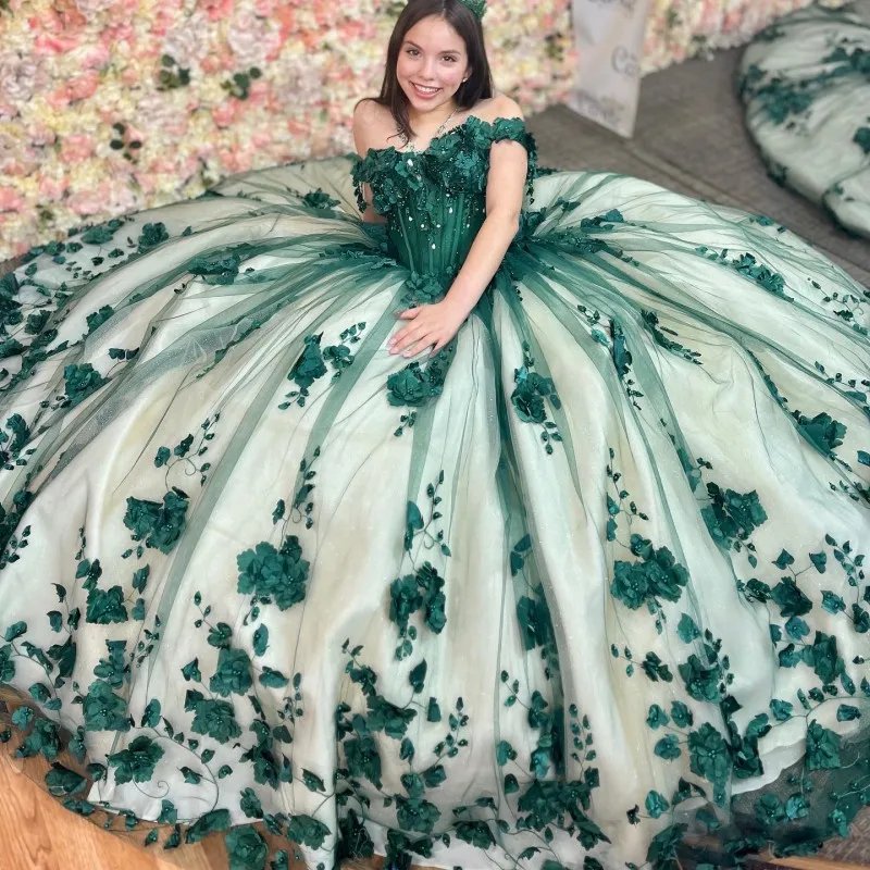 Tulle Appliques Off Shoulder Quince Dress Emerald Green 3D Flowers Beaded - MyChicDress