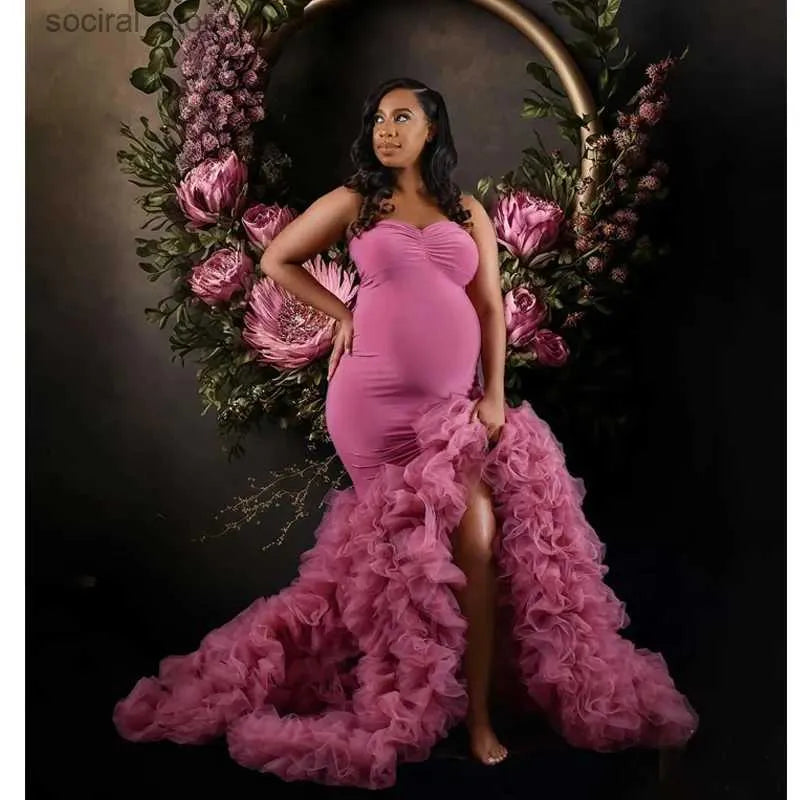Vestido premamá de sirena de tul azul cielo para sesión de fotos Albornoz de mujer